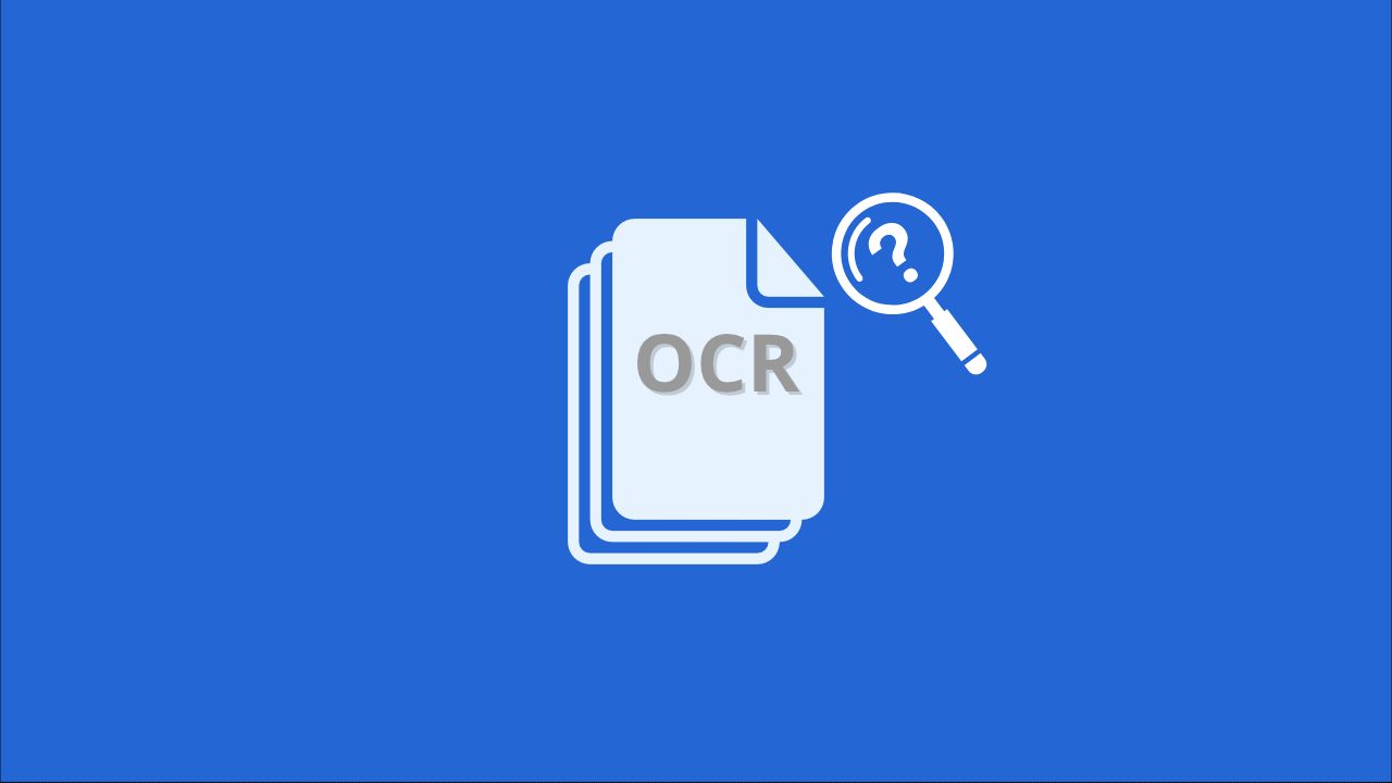 Una pila de documentos junto a una lupa, con la etiqueta OCR