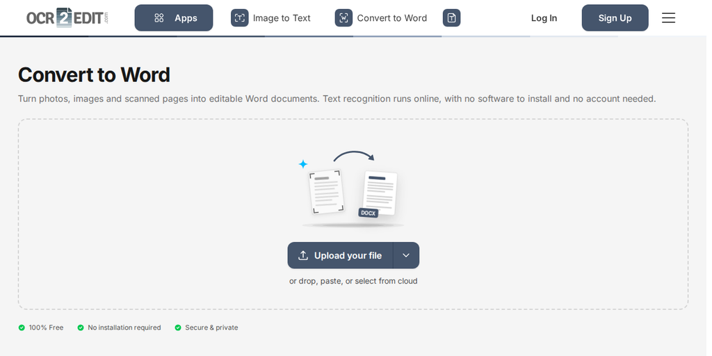 صفحة تحويل إلى Word على OCR2Edit، مع ظهور زر "Upload your file"